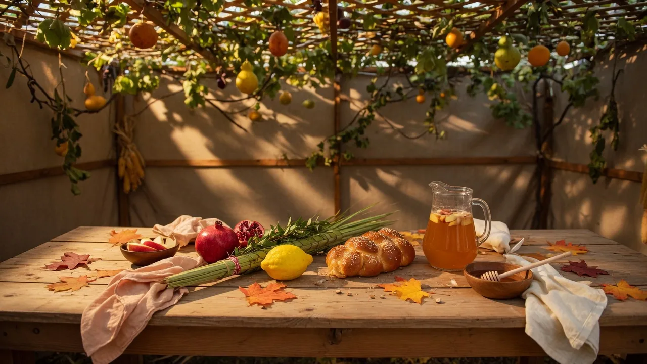 A harvest table set inside a sukkah with an etrog, lulav, pomegranate, round challah, and apples and honey in warm autumn light