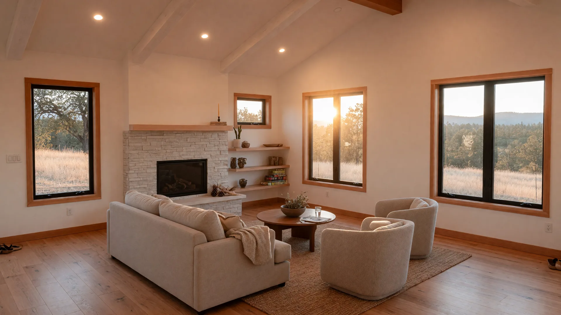 A bright great room in a new energy-efficient Southern Oregon home with tall double-pane windows, light oak floors, and a modern gas fireplace