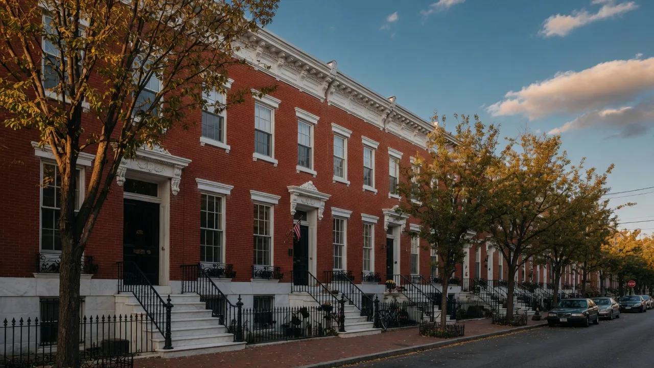 Classic red brick Washington DC rowhouses with white marble stoops on a tree-lined street in late afternoon light