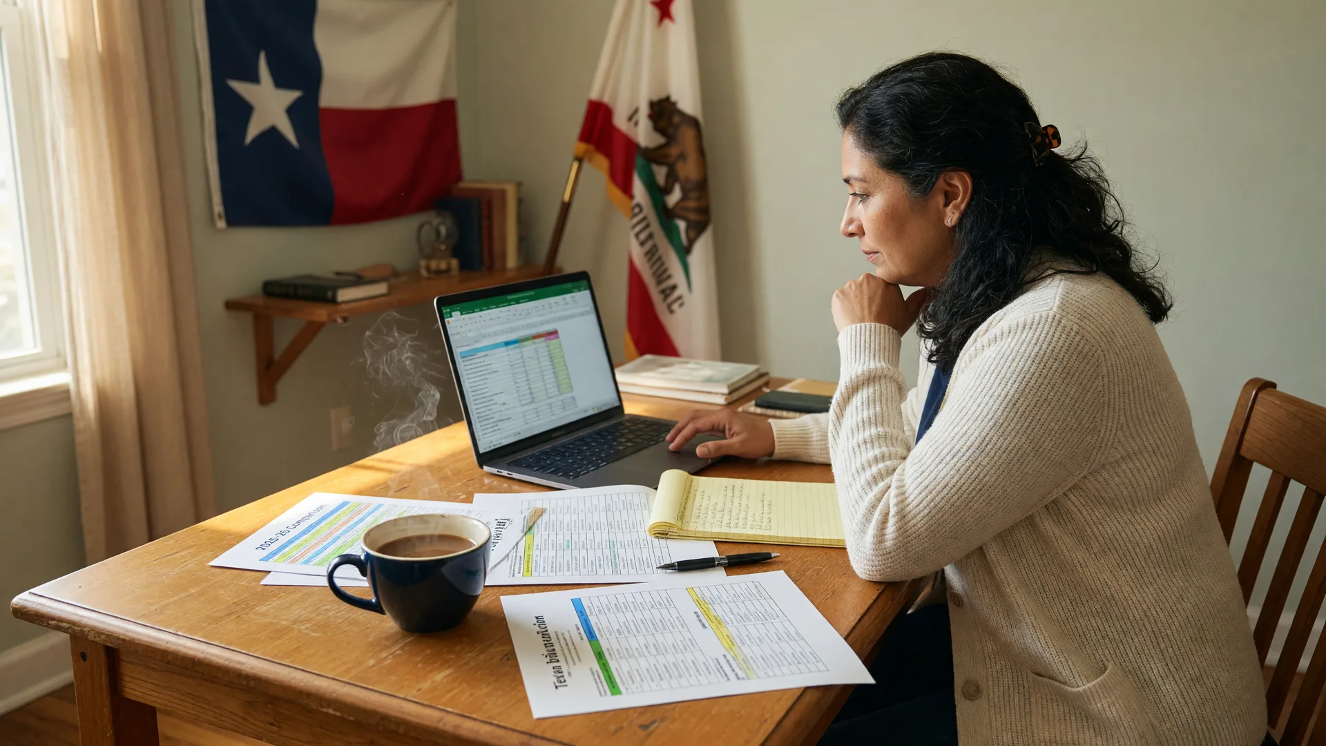 A parent reviewing school comparison documents on a laptop and papers at a desk, with Texas and California flags visible in the background, symbolizing the transition between the two states