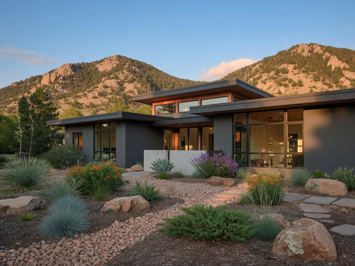 Contemporary modern home in North Boulder with flat roof, large windows, and foothill views