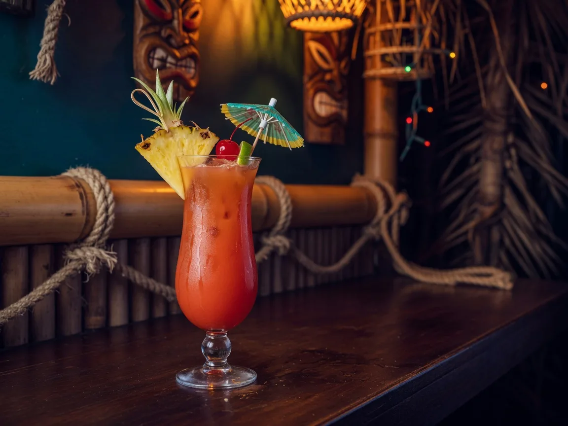 A tropical tiki cocktail with a carved pineapple garnish on a dark wooden bar with warm amber lighting
