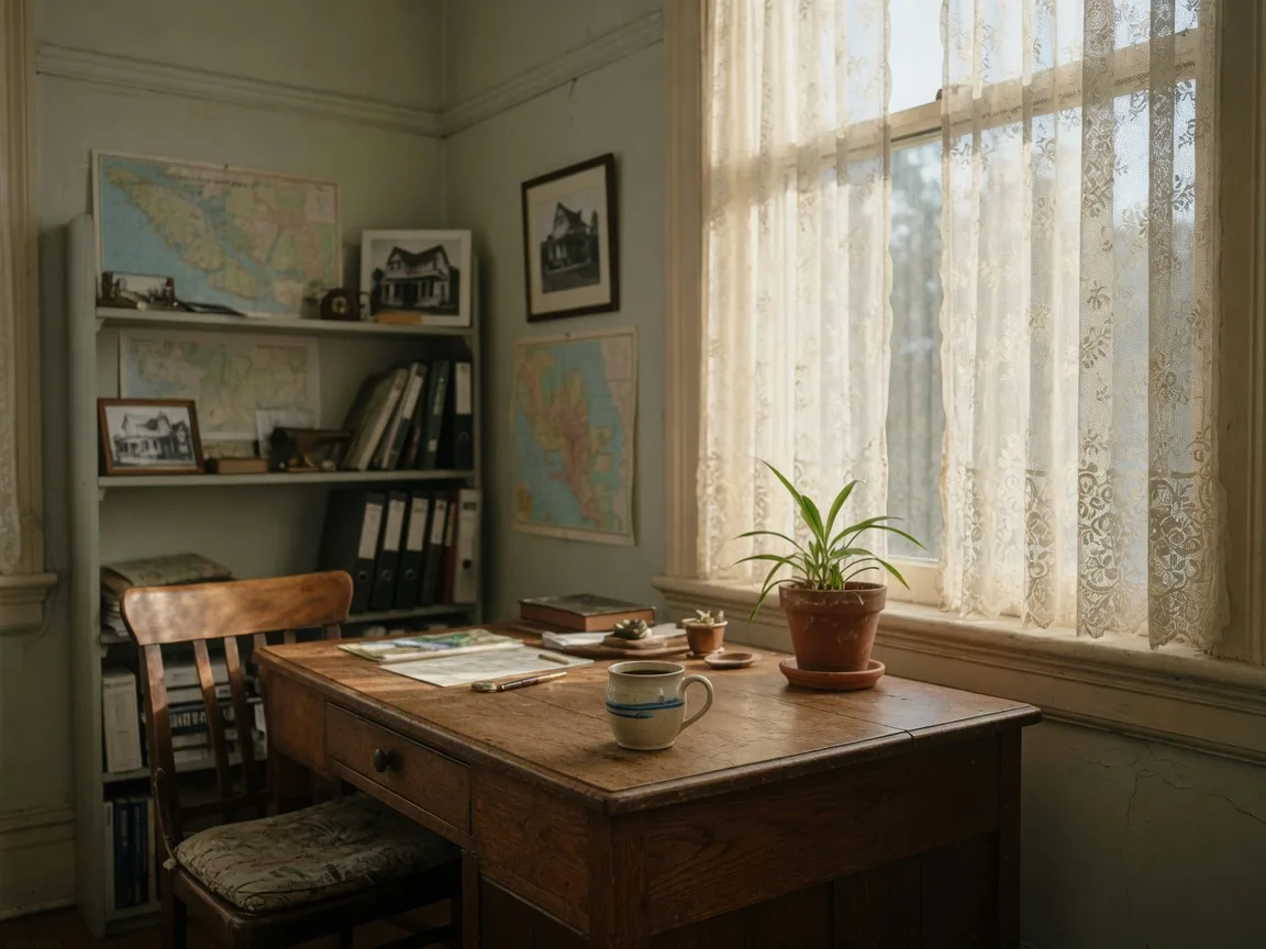 A warm, welcoming real estate office interior in historic Victoria showing a wooden desk with coffee mug and plant