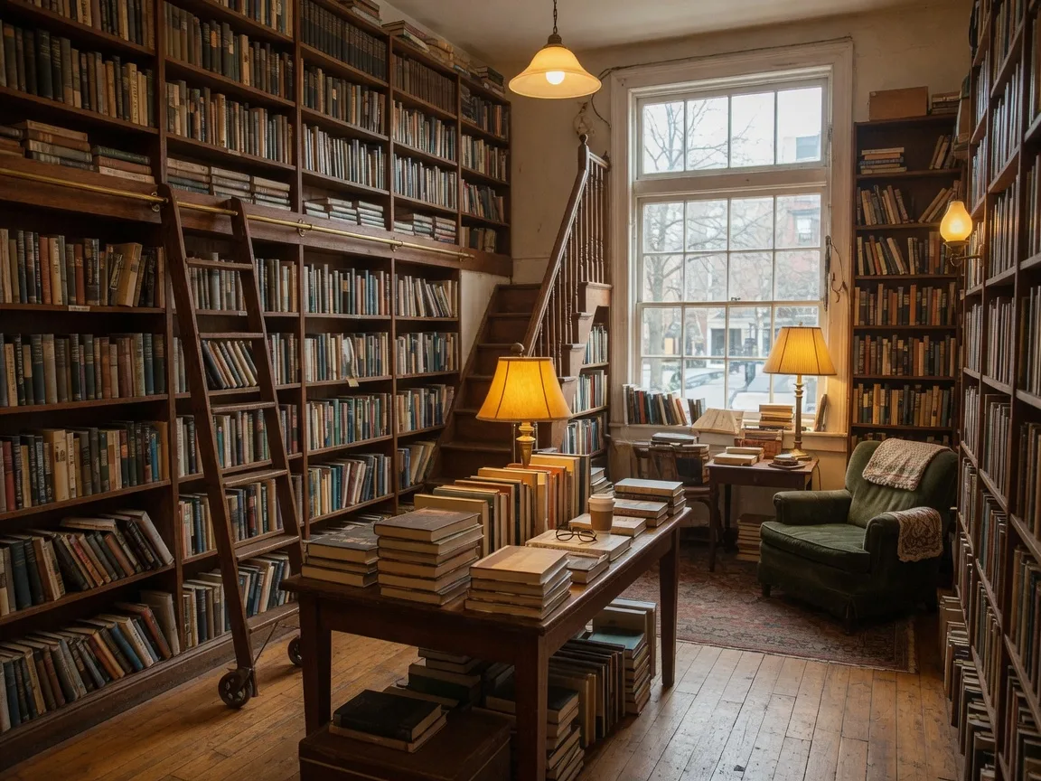 Cozy interior of Lost City Books in Adams Morgan DC with floor-to-ceiling wooden bookshelves filled with books, a vintage reading lamp, and a comfortable reading nook by a sunlit window