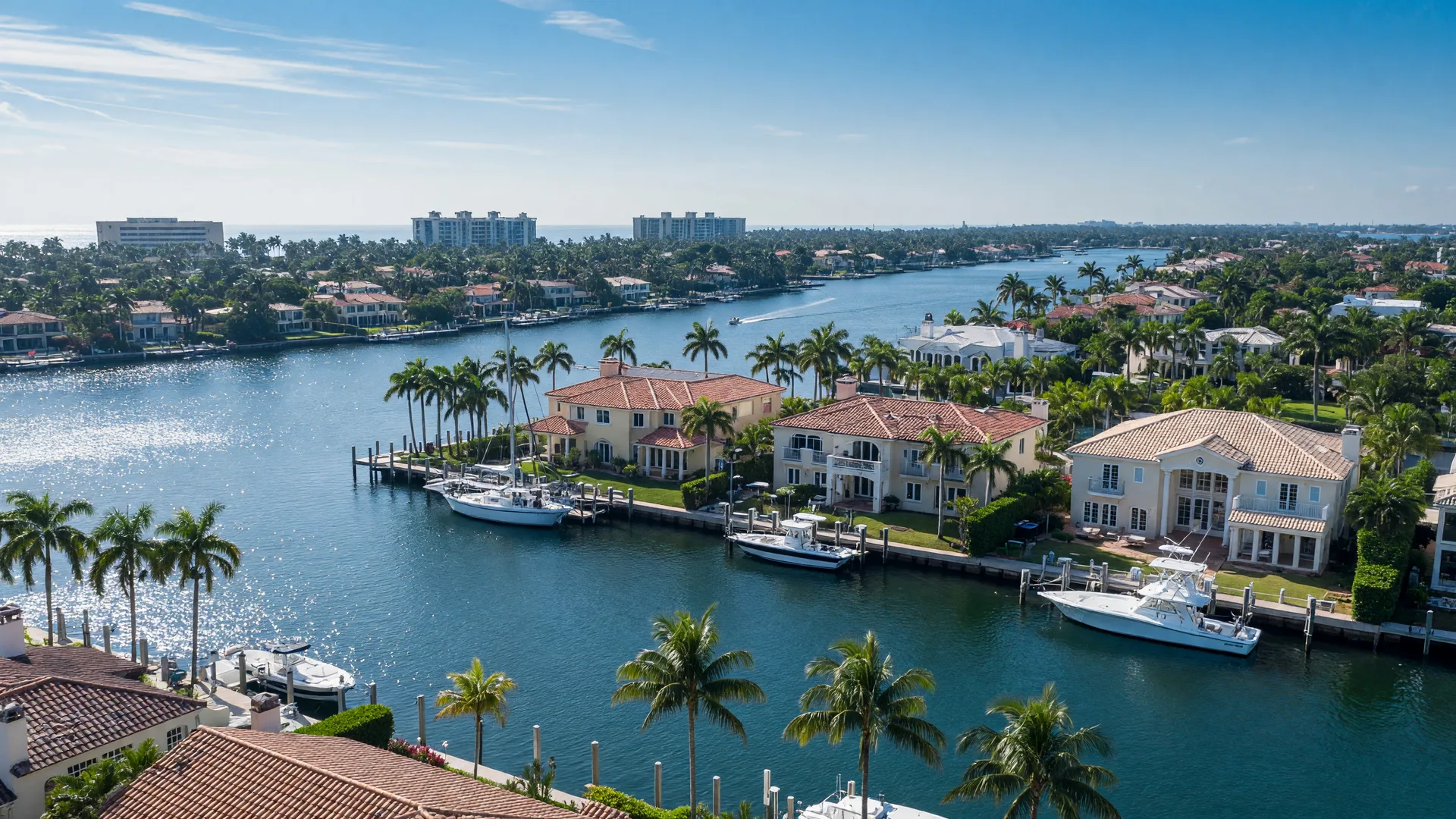 Aerial view of luxury waterfront homes along the Intracoastal Waterway in Palm Beach County, Florida