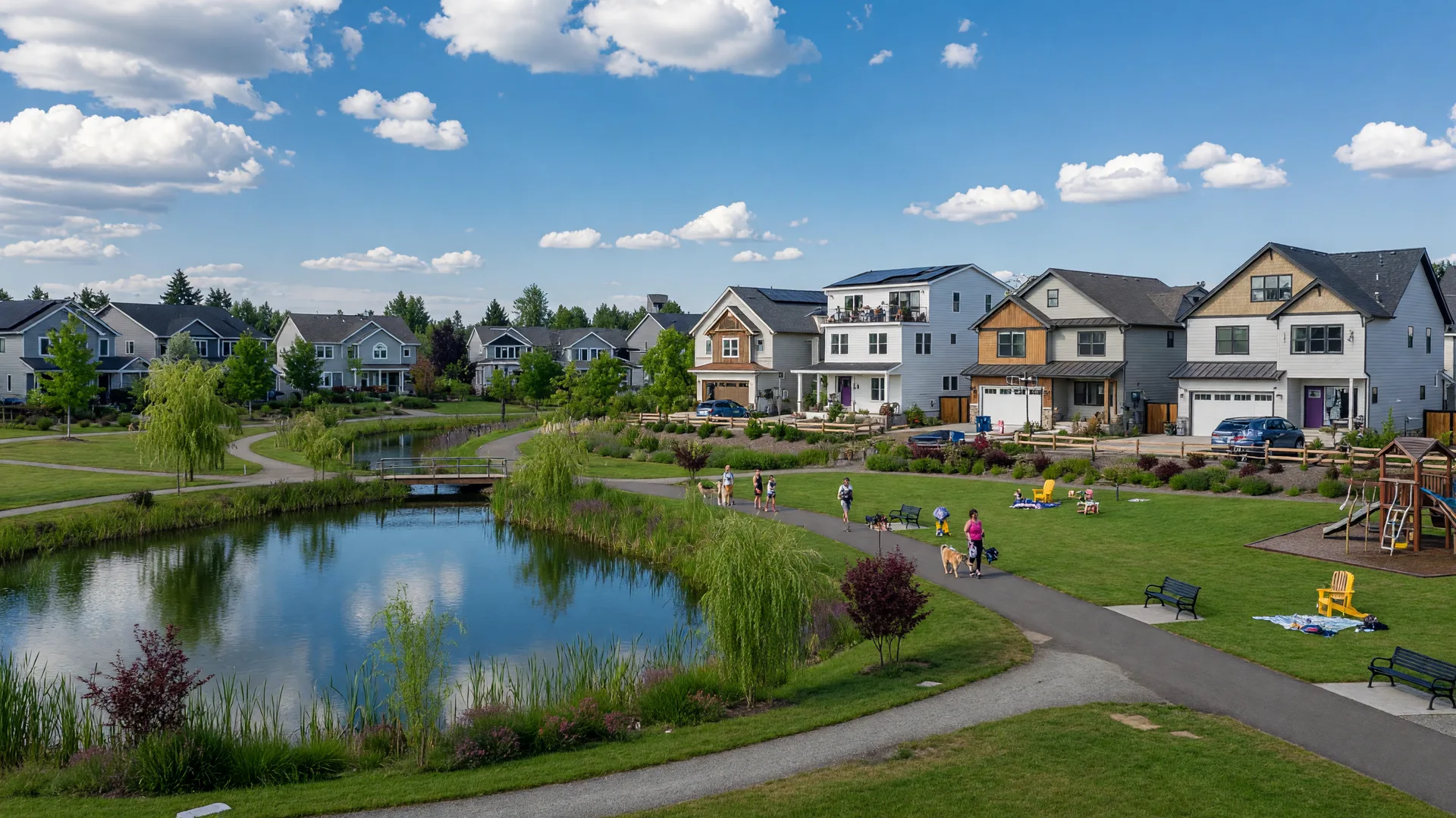Wilsonville's Coffee Creek community with modern homes, park, and walking paths