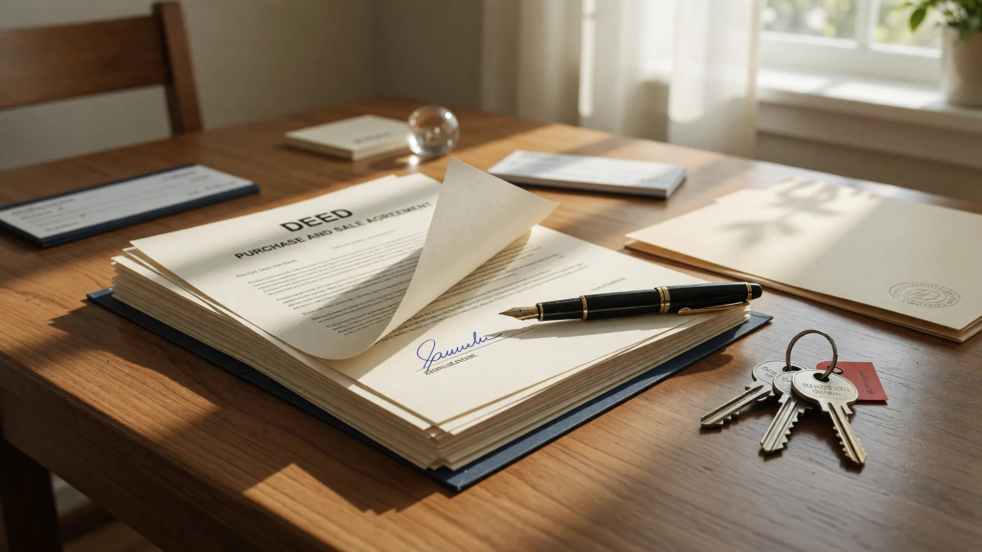 A fountain pen resting on a real estate closing document with house keys beside it on a wooden desk, warm natural light