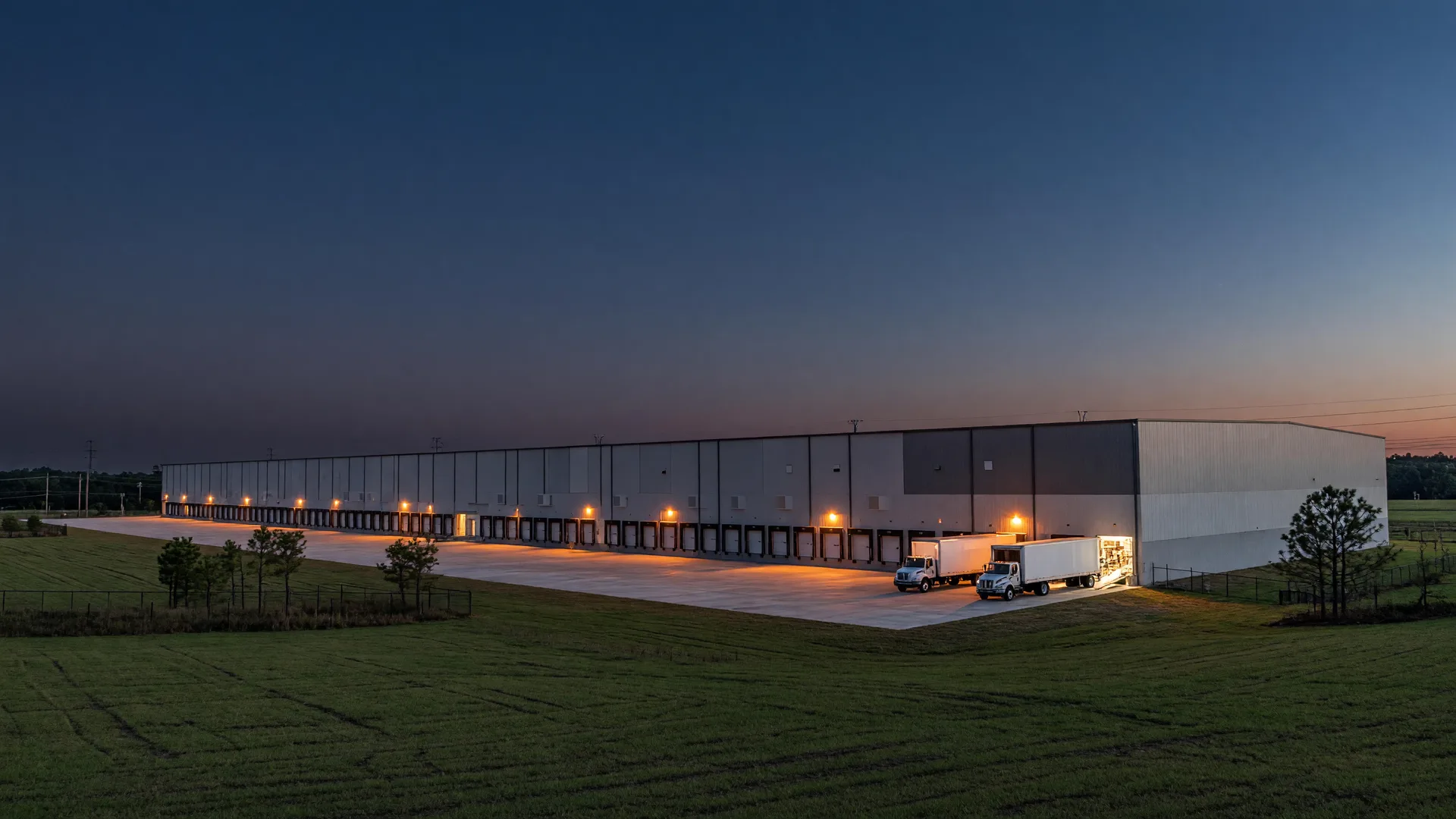 A massive gray white fulfillment warehouse with rows of loading doors at dusk in northeast Georgia