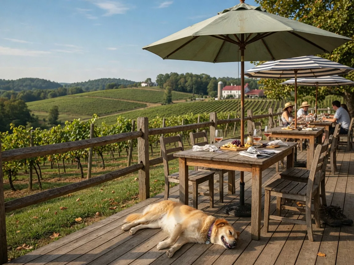A scenic vineyard patio in Loudoun County wine country with wooden tables and umbrellas overlooking rolling hills and grapevines, a happy dog resting under a table