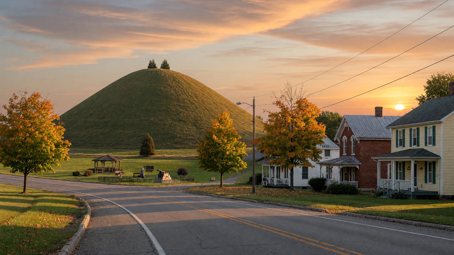 Quiet country road in the historic village of Enon Ohio with the Adena Mound in the distance