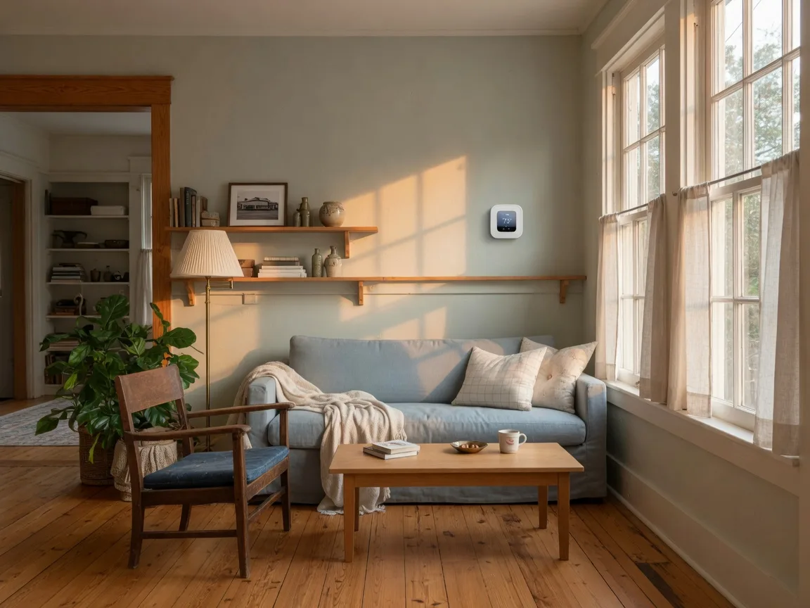 A cozy living room in an Opelika, Alabama home with warm afternoon light, a soft blue-gray sofa, hardwood floors, and a wall-mounted smart thermostat