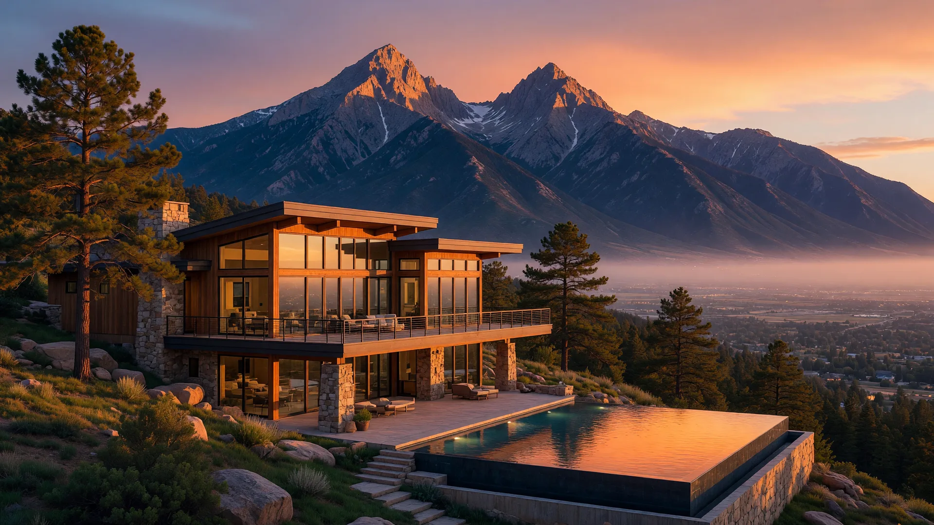 Luxury east bench estate in Sandy, Utah with Lone Peak and Twin Peaks rising behind at golden hour