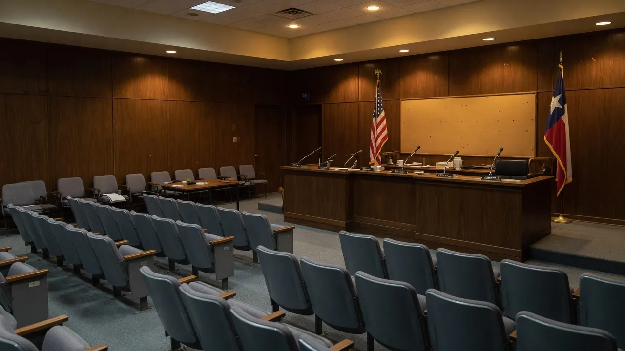 A small Texas city council chamber with dark wood paneling, a microphone dais, and an American flag during an evening meeting