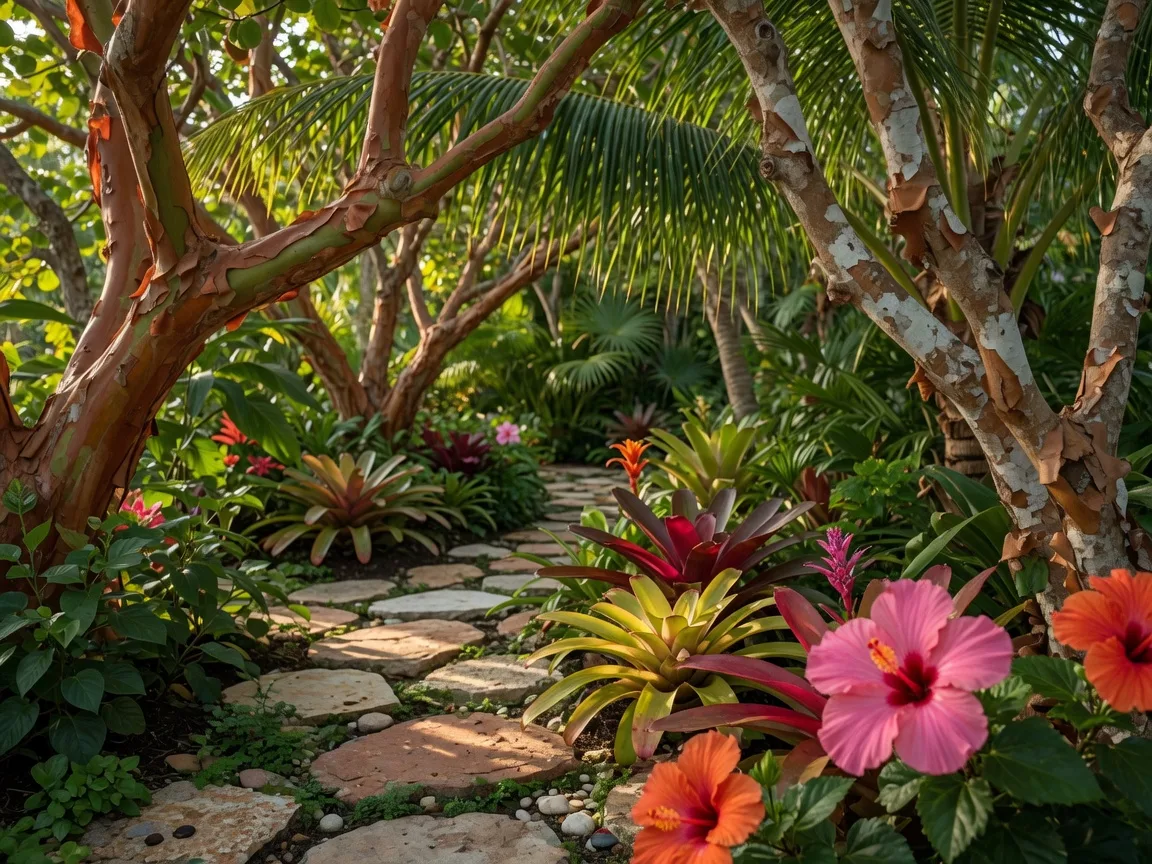 Layered tropical landscaping in an upscale Florida Keys garden: native buttonwood and gumbo limbo branches framing coconut palm fronds overhead, hibiscus and bromeliad blooms in the foreground, and a winding path of natural stone pavers in dappled late-afternoon sunlight