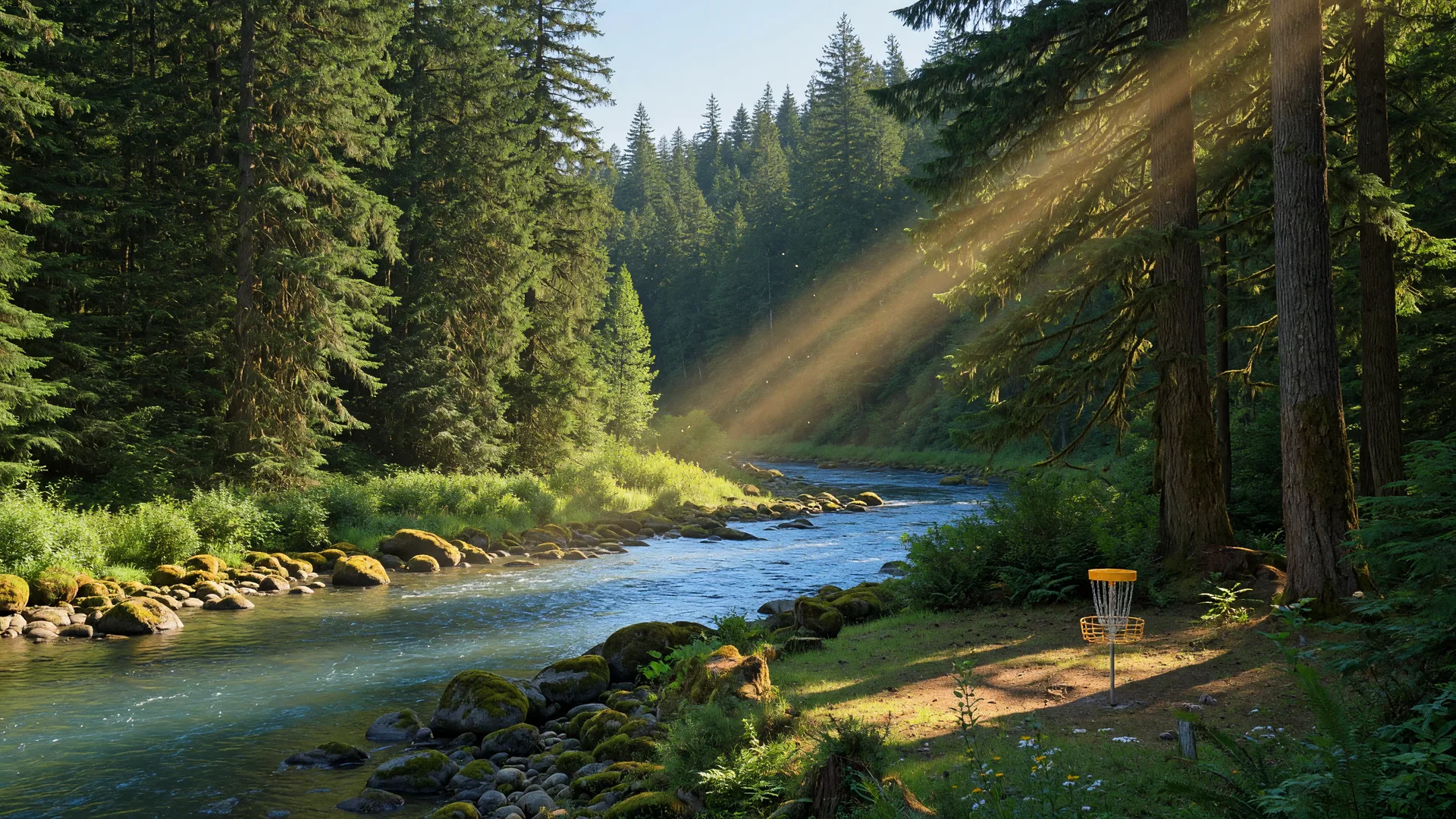 Golden afternoon light over Milo McIver State Park near Estacada, Oregon, with the Clackamas River winding through dense Pacific Northwest forest and a disc golf basket in a clearing of Douglas firs and cedars