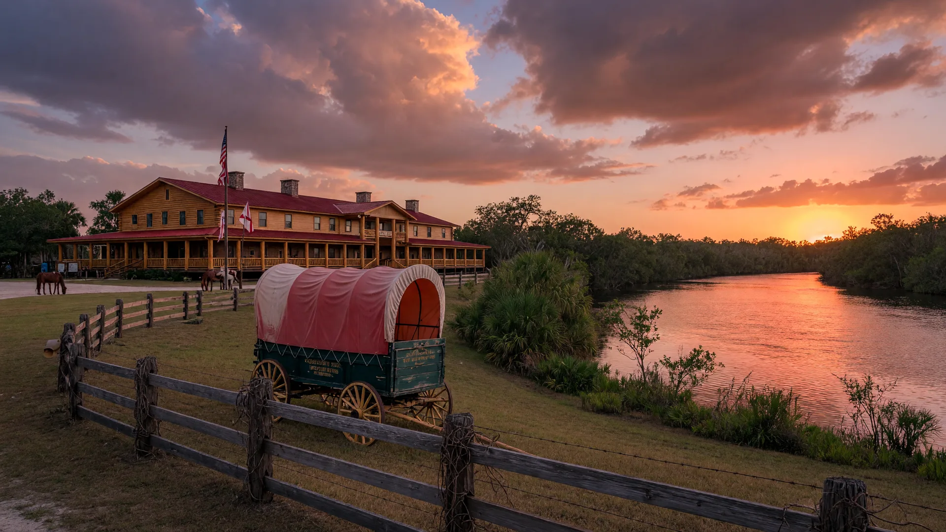 Westgate River Ranch Resort and lodge at sunset on the Kissimmee River