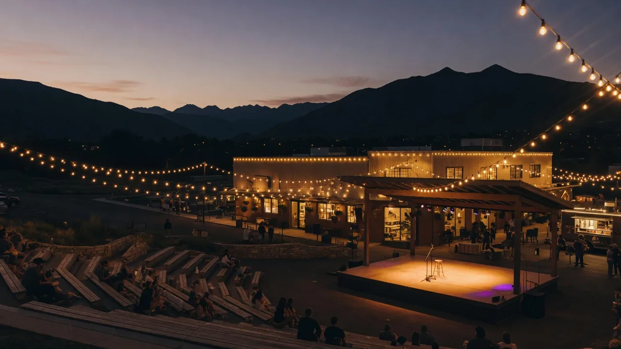 Evening entertainment district in the Draper and Sandy foothills with marquee lights and mountain silhouettes near Herriman, Utah