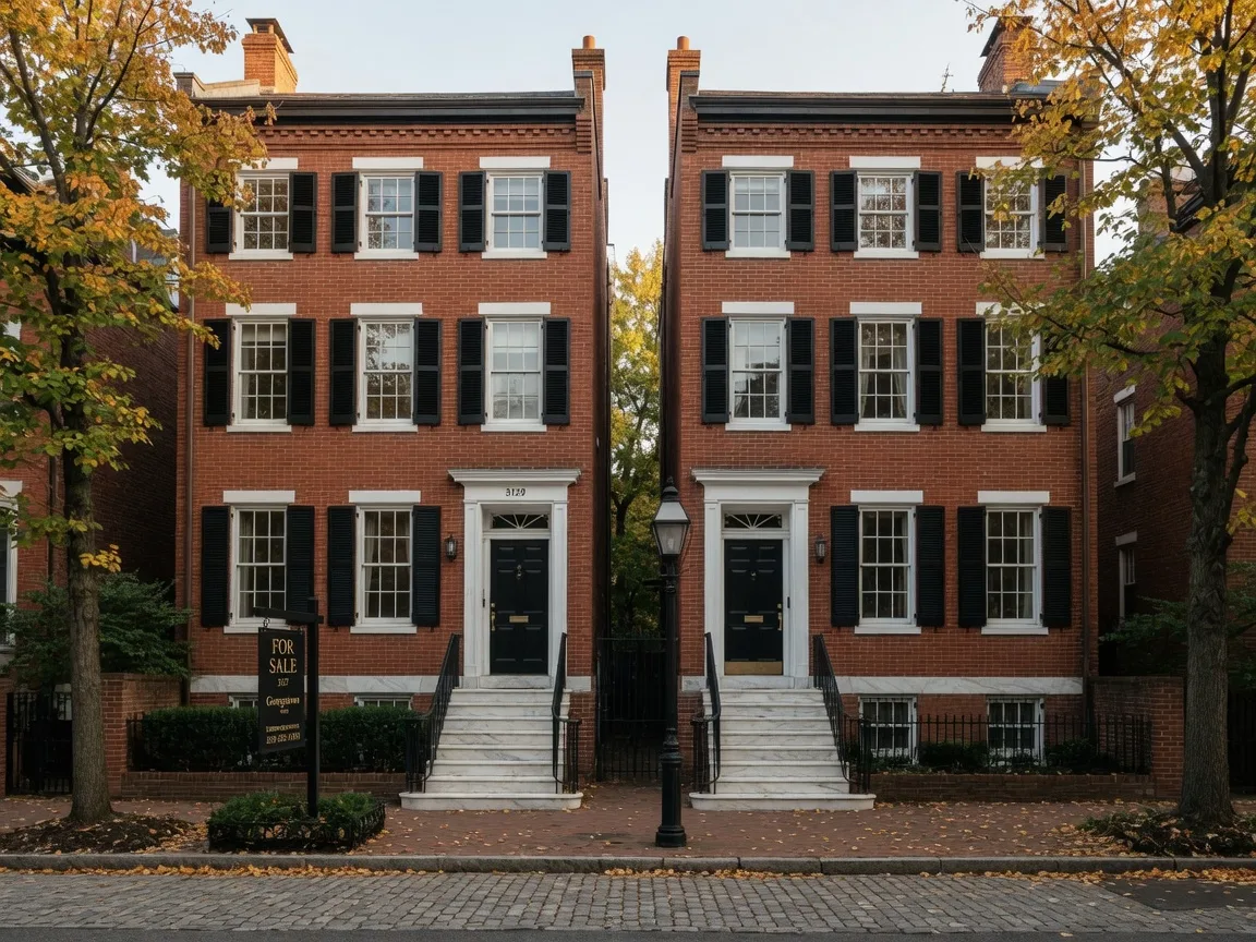 Two similar brick rowhouses side by side on a tree-lined street in the Georgetown neighborhood of Washington DC in early autumn, one with a black For Sale sign out front and one without, showing how comparable homes anchor a list price