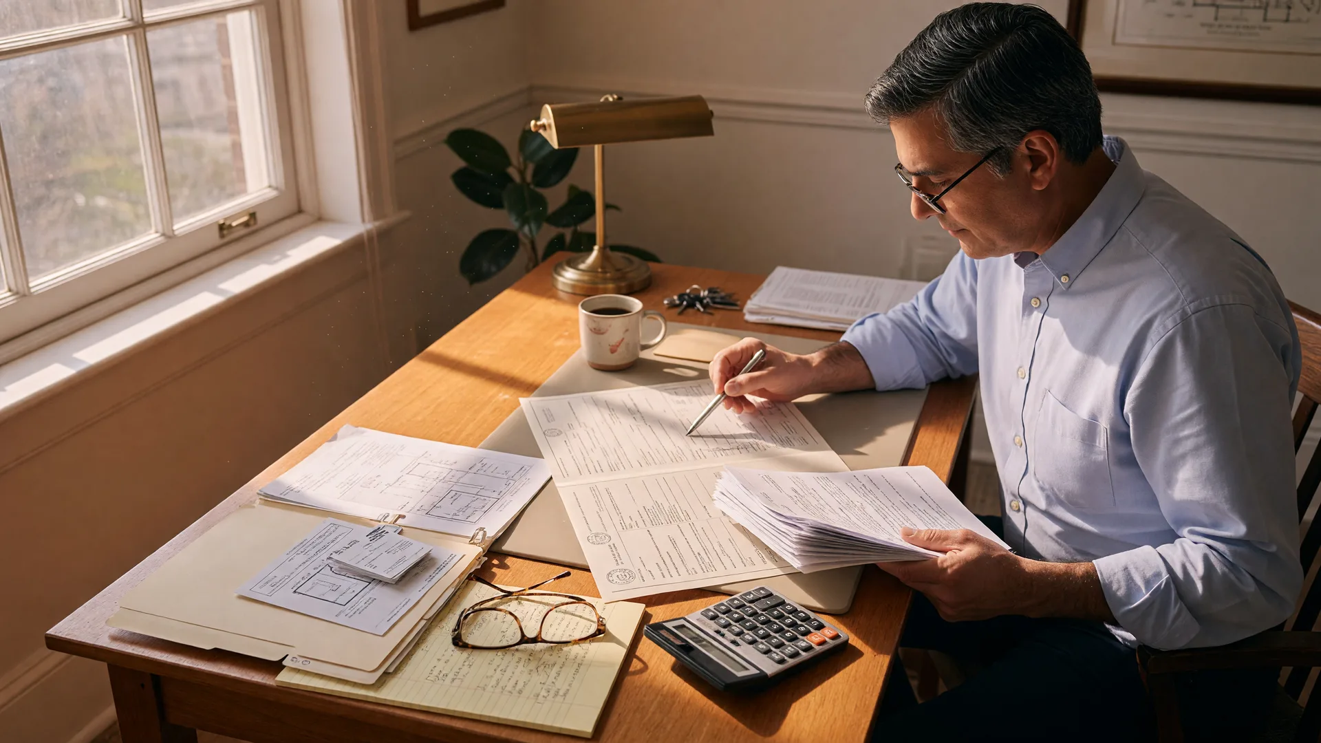 Real estate investor reviewing financial documents and property deed at a sunlit desk