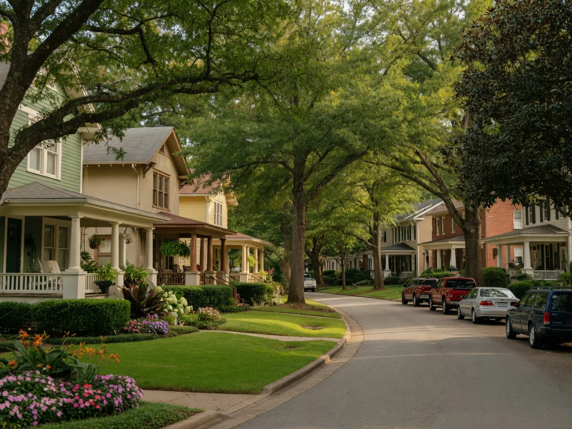 A charming tree-lined residential street in Greenville with historic craftsman-style homes and front porches