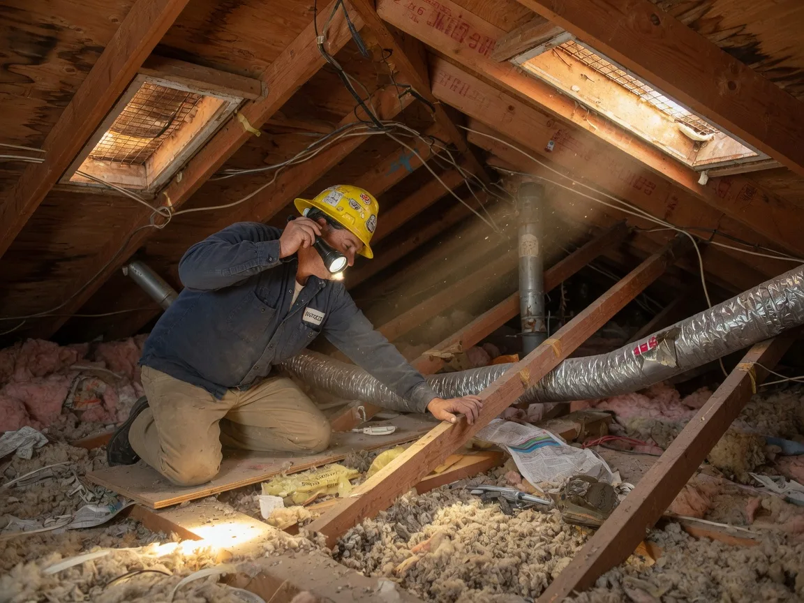 Home inspector in a hard hat examining attic rafters and insulation with a flashlight in a Merced County ranch home, showing wood framing and attic ductwork