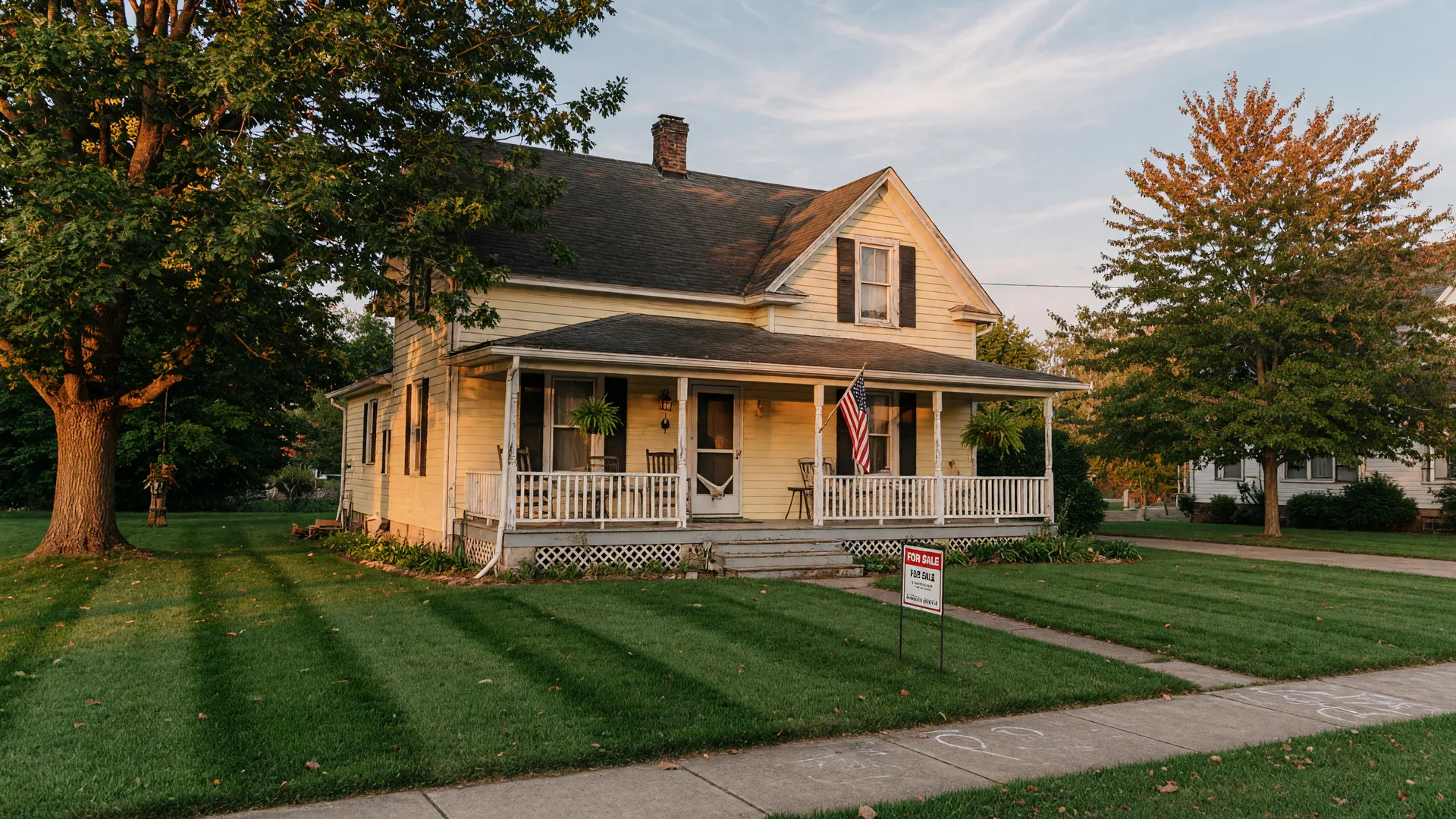 Kentucky home in attractive condition with a for-sale sign, afternoon light