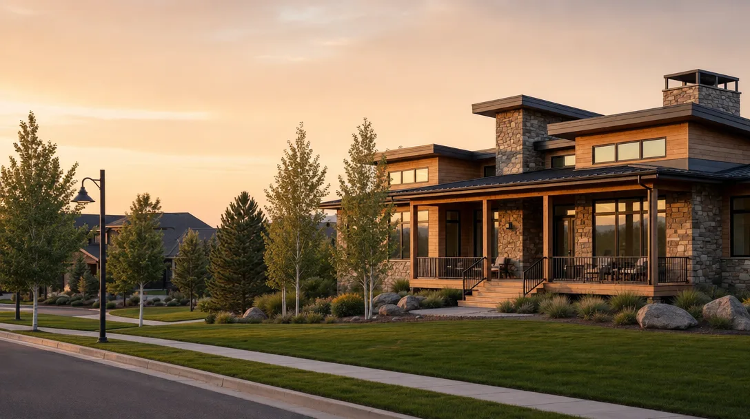 A photorealistic luxury home in an upscale neighborhood setting at golden hour