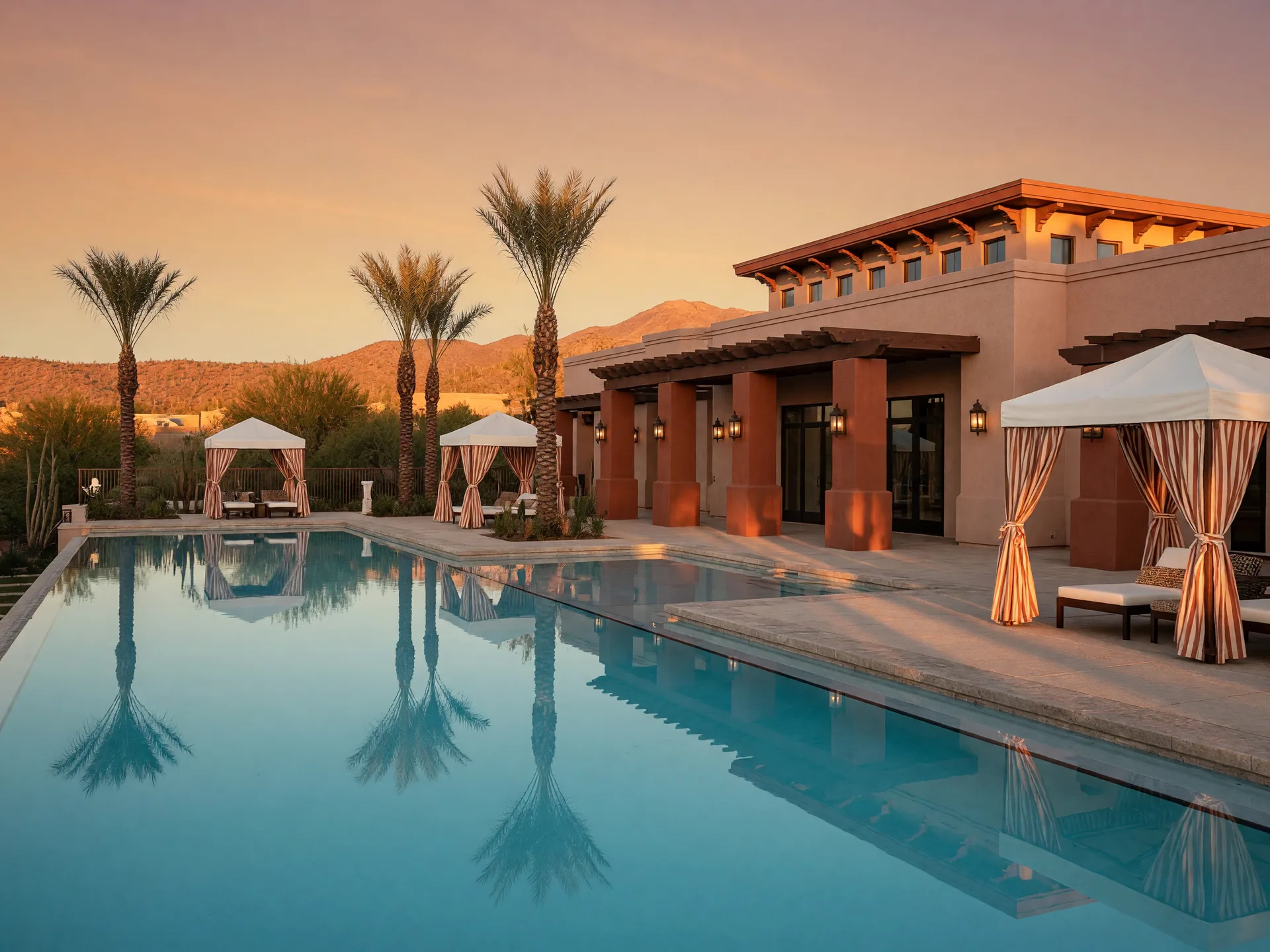 Resort-style community pool and clubhouse in an Avondale master-planned community at golden hour