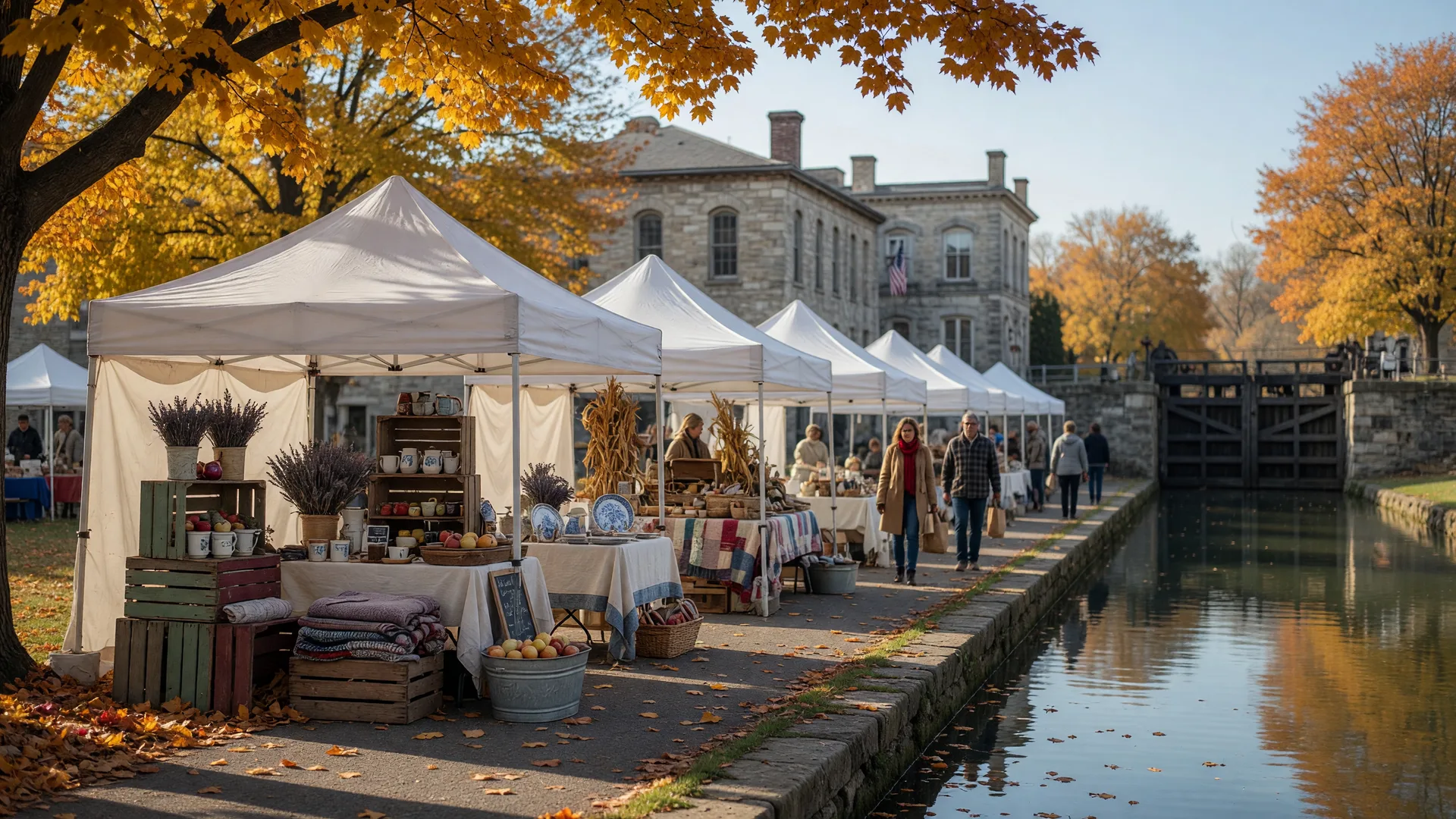 White vendor tents with handmade goods along a tree-lined canal in a small Illinois town in autumn