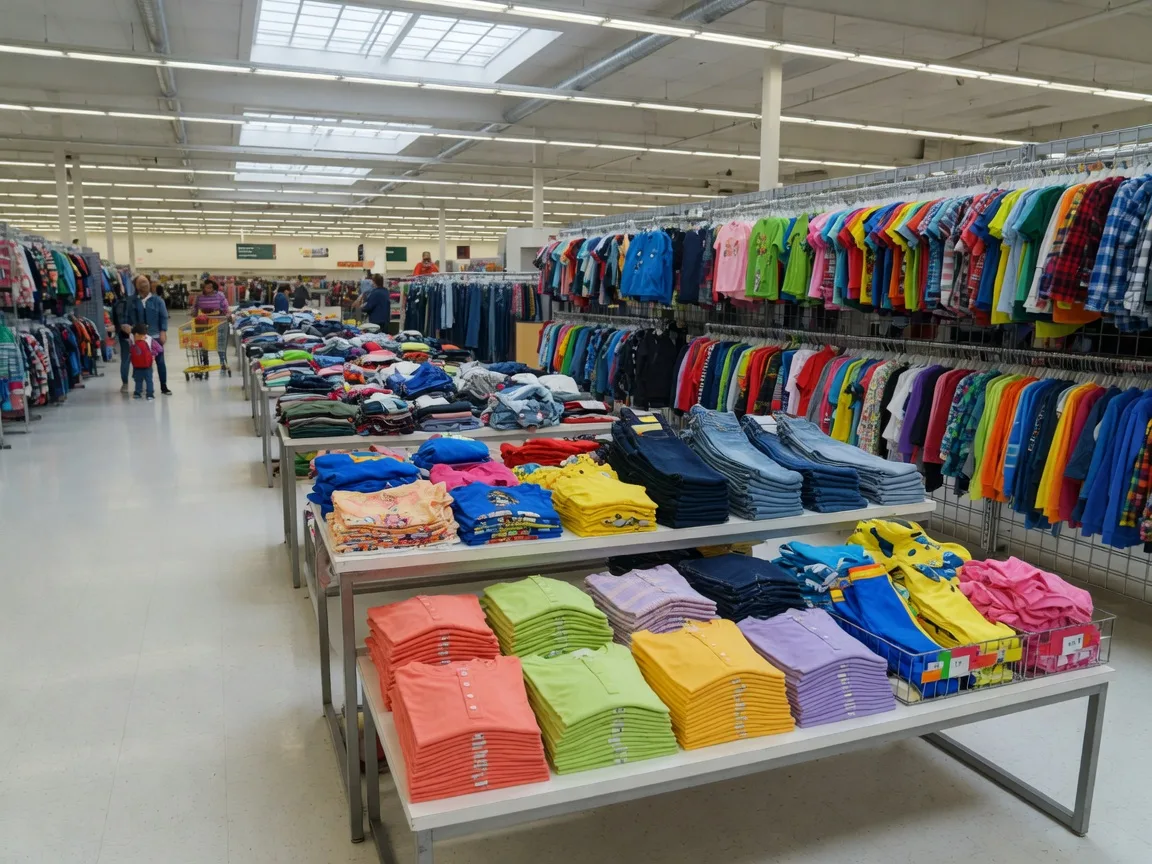 A bright off-price family clothing store interior with neatly folded racks of colorful shirts, jeans, and kids apparel