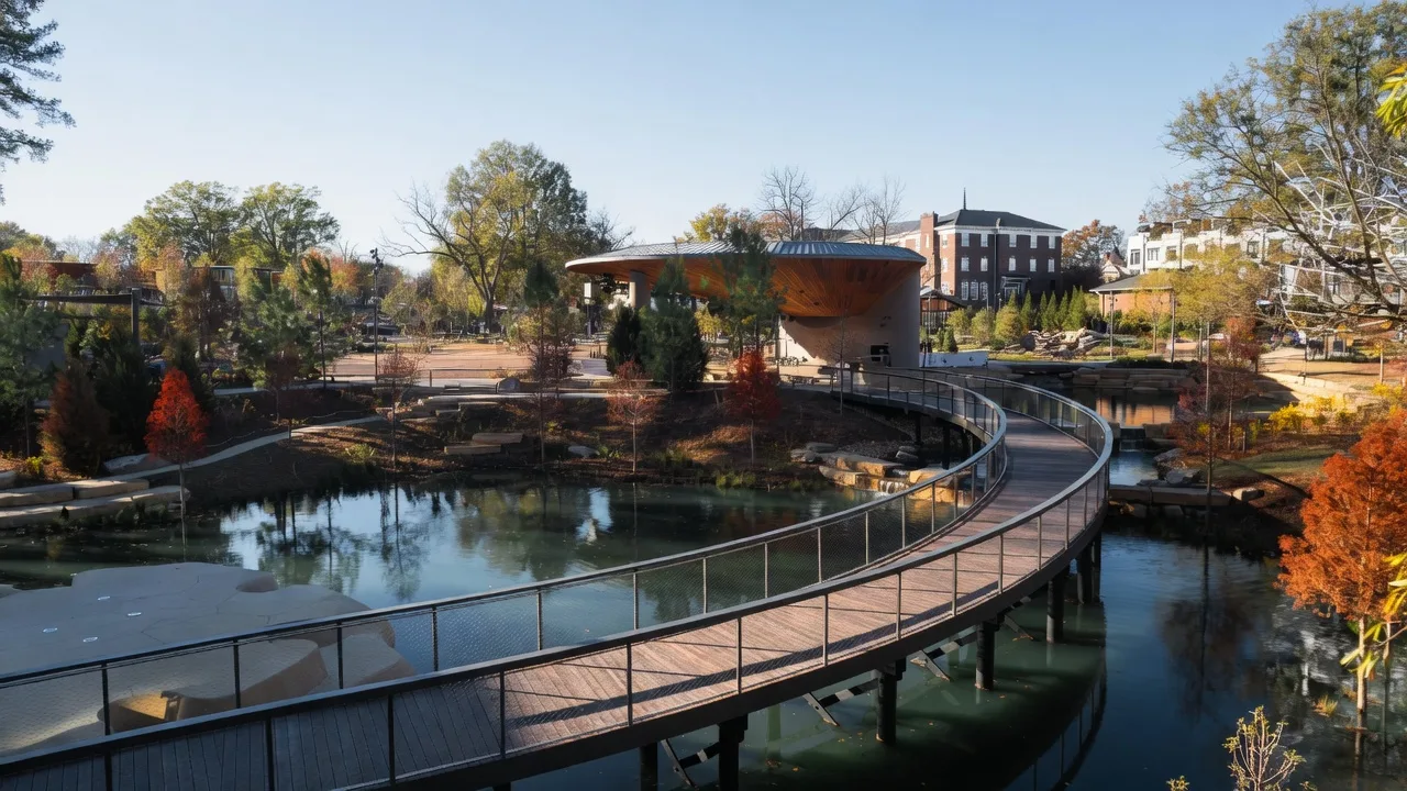 Downtown Cary Park with curved boardwalk and autumn trees