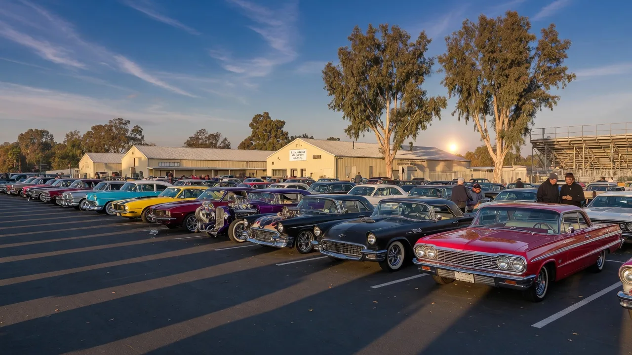 Rows of restored classic cars gleaming at a fall car show at the Alameda County Fairgrounds on a crisp November morning