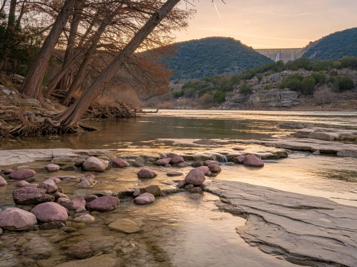 Clear water sliding over layered limestone,and pink-tinted granite below a dam near Marble Falls with leaning cypress trunks over the near bank