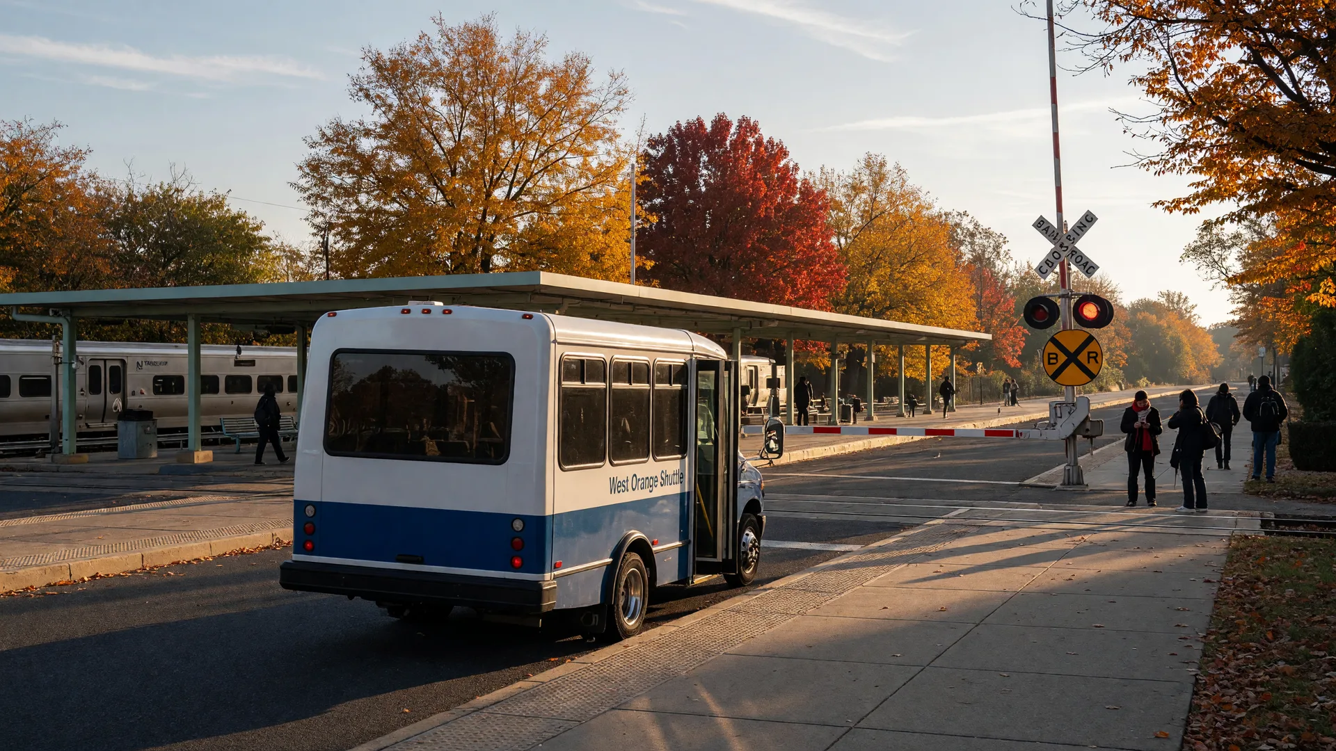 A white and blue municipal shuttle bus at a West Orange commuter rail platform on a golden October morning, with autumn trees and a crossing gate nearby