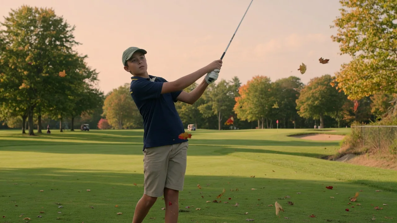 A young junior golfer taking a practice swing on a New England course in early fall