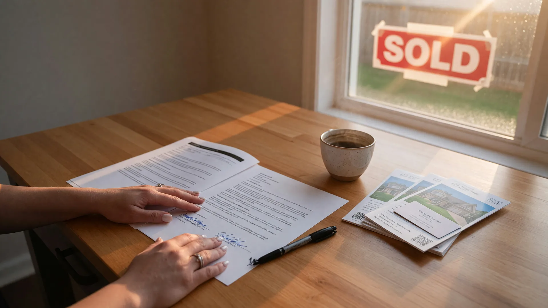 Homeowner reviewing a purchase offer document with a pen in hand in Fredericksburg VA