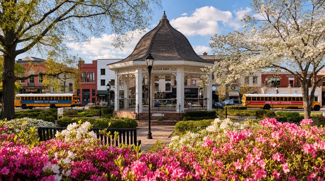 Marietta Square on a spring morning with Glover Park gazebo, blooming dogwoods, historic storefronts, and school buses representing both city and county districts