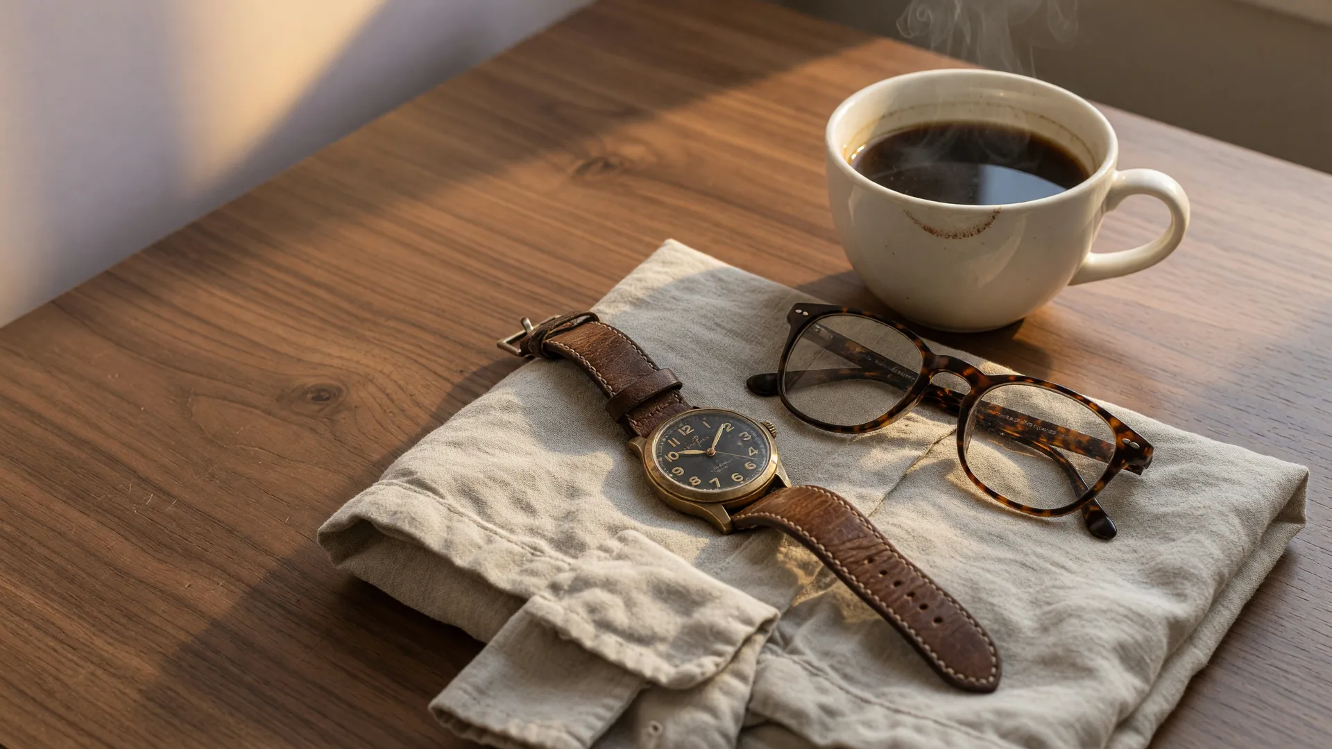 A worn leather watch and reading glasses on a linen shirt beside a cup of coffee on a walnut desk