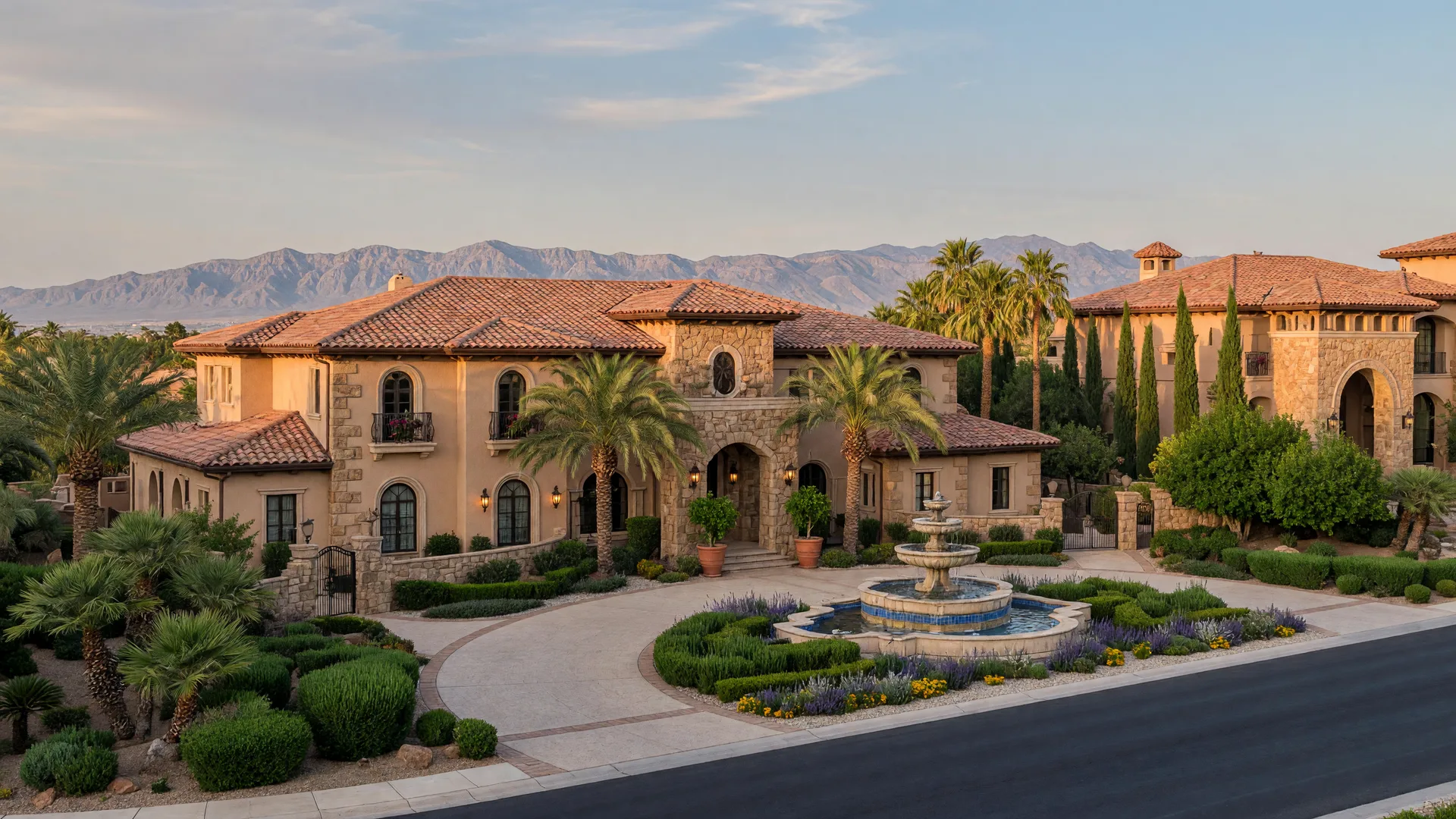 A large Mediterranean custom estate in a guard-gated Las Vegas luxury community with a circular driveway and courtyard fountain