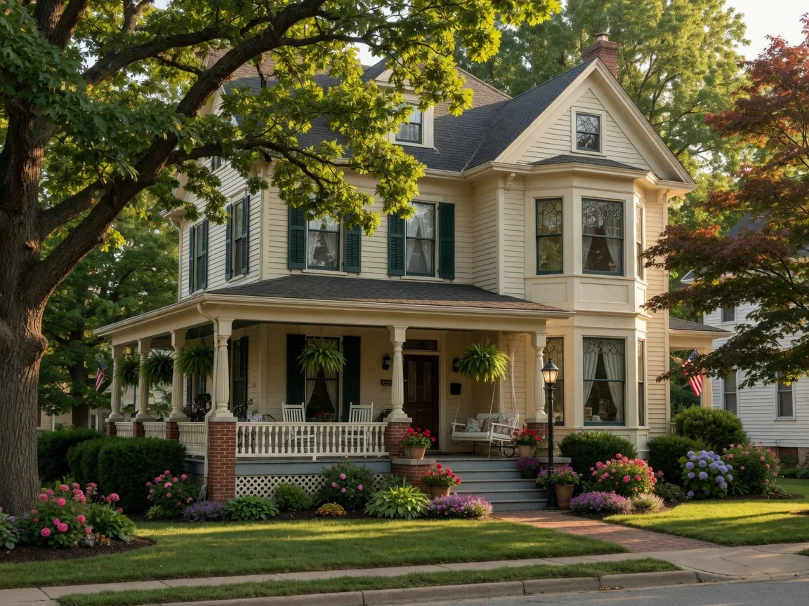 A charming historic home in Liberty, Missouri with mature trees and a welcoming front porch