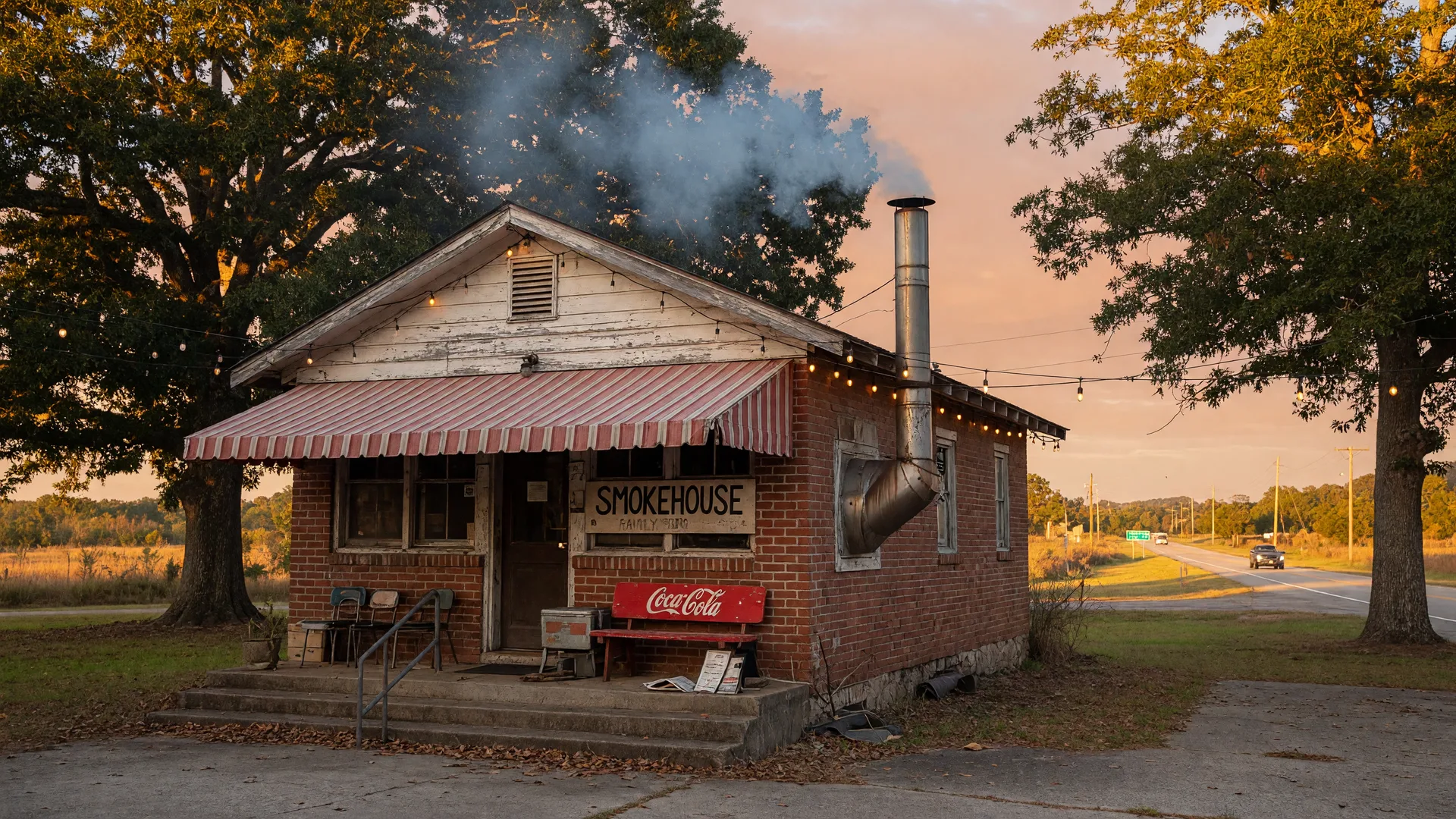The wood-and-brick storefront of Stonewall's BBQ on Highway 53 in Braselton Georgia at golden hour with a smoking chimney and string lights