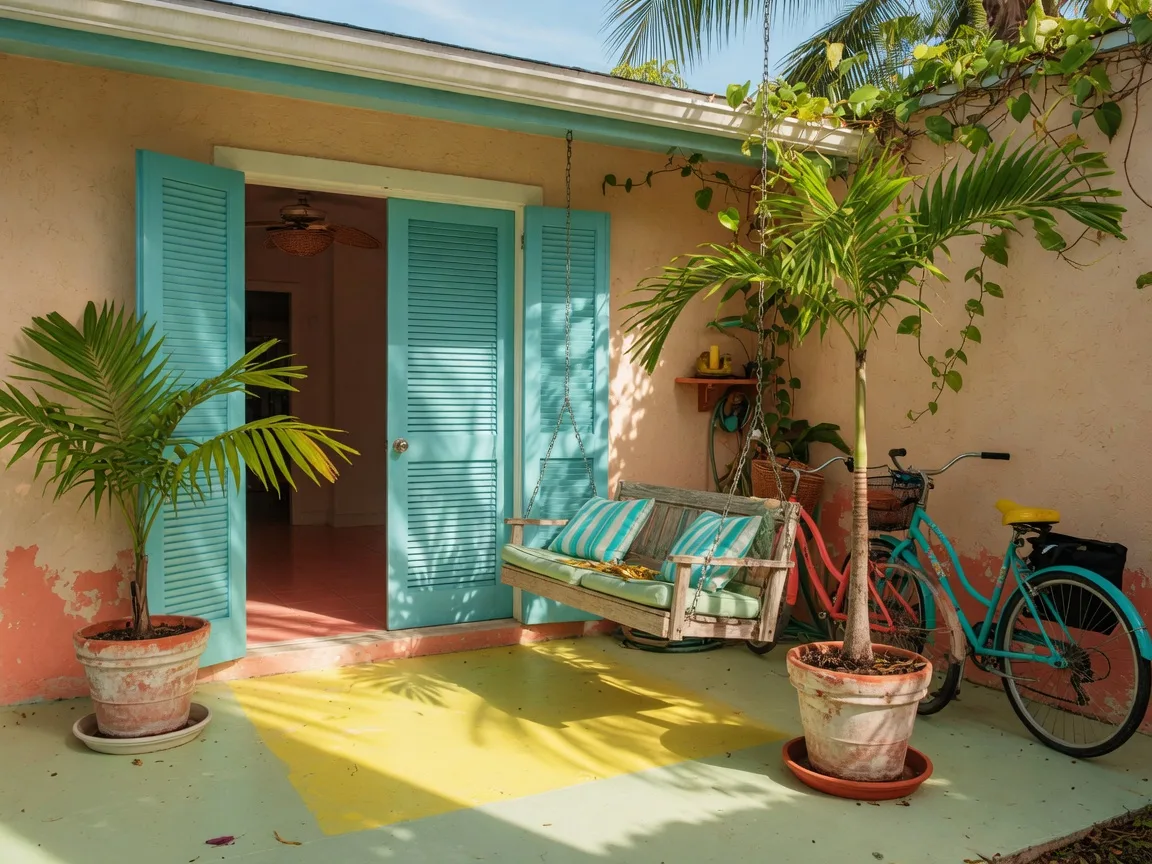 A bright tropical house entrance with a porch swing and bicycles