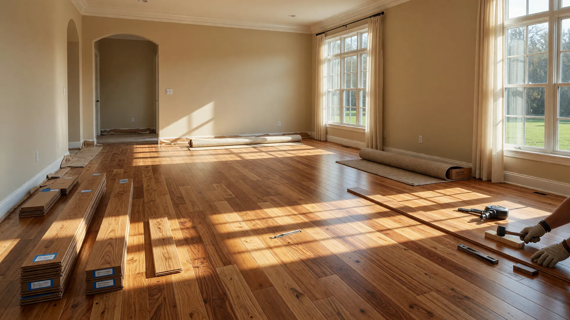 Rich hardwood flooring being installed in a bright South Jersey living room