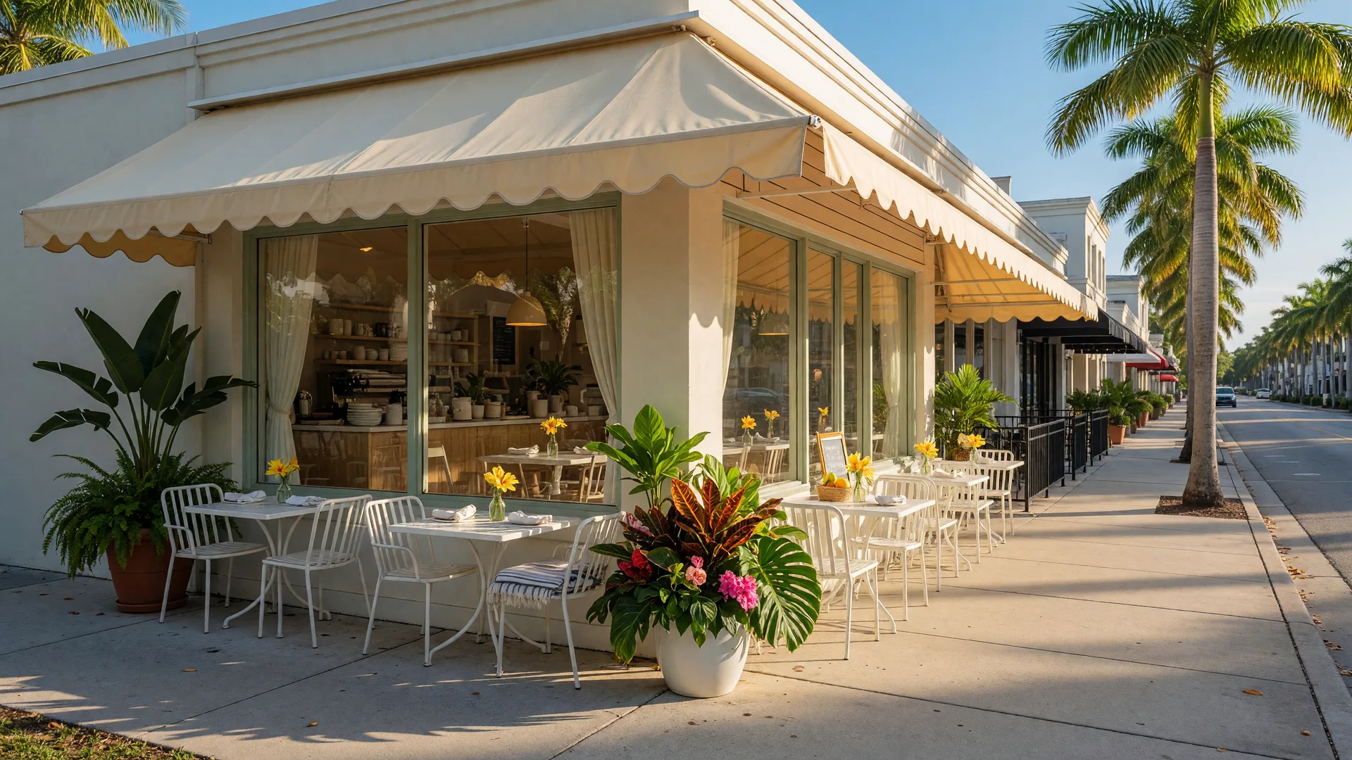 Bright European-style cafe patio on a downtown Naples street corner with white bistro tables under a covered awning, potted tropical plants, large storefront windows, and clear morning sky