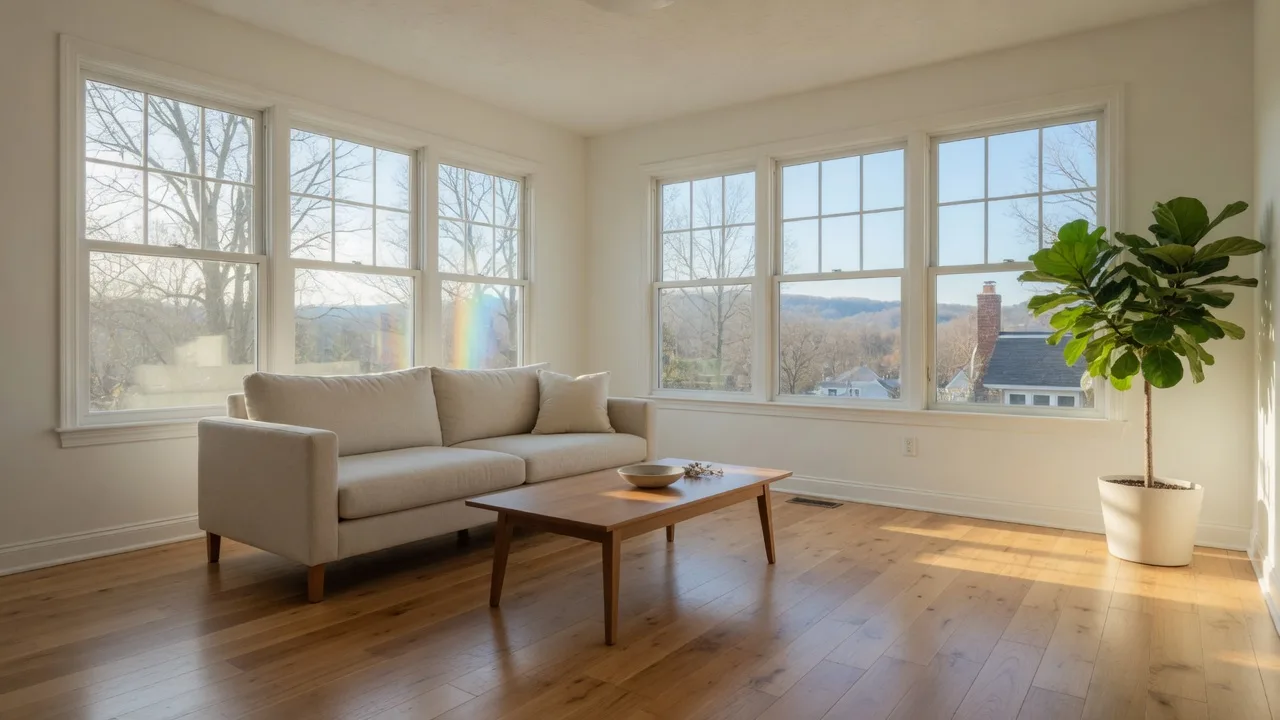 A bright, open living room in a modern Lehigh Valley home with large windows and natural light