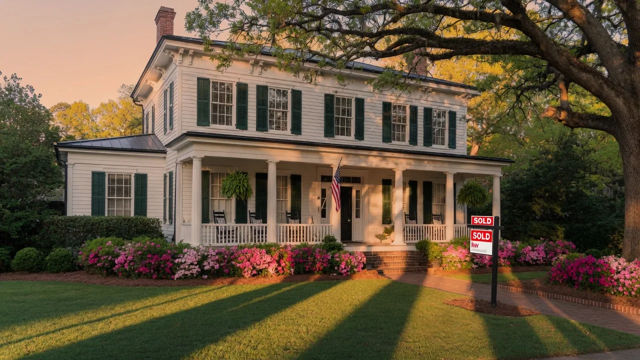 Team Haigh Realty helping homeowners sell in Marietta GA - historic home with Sold sign at golden hour