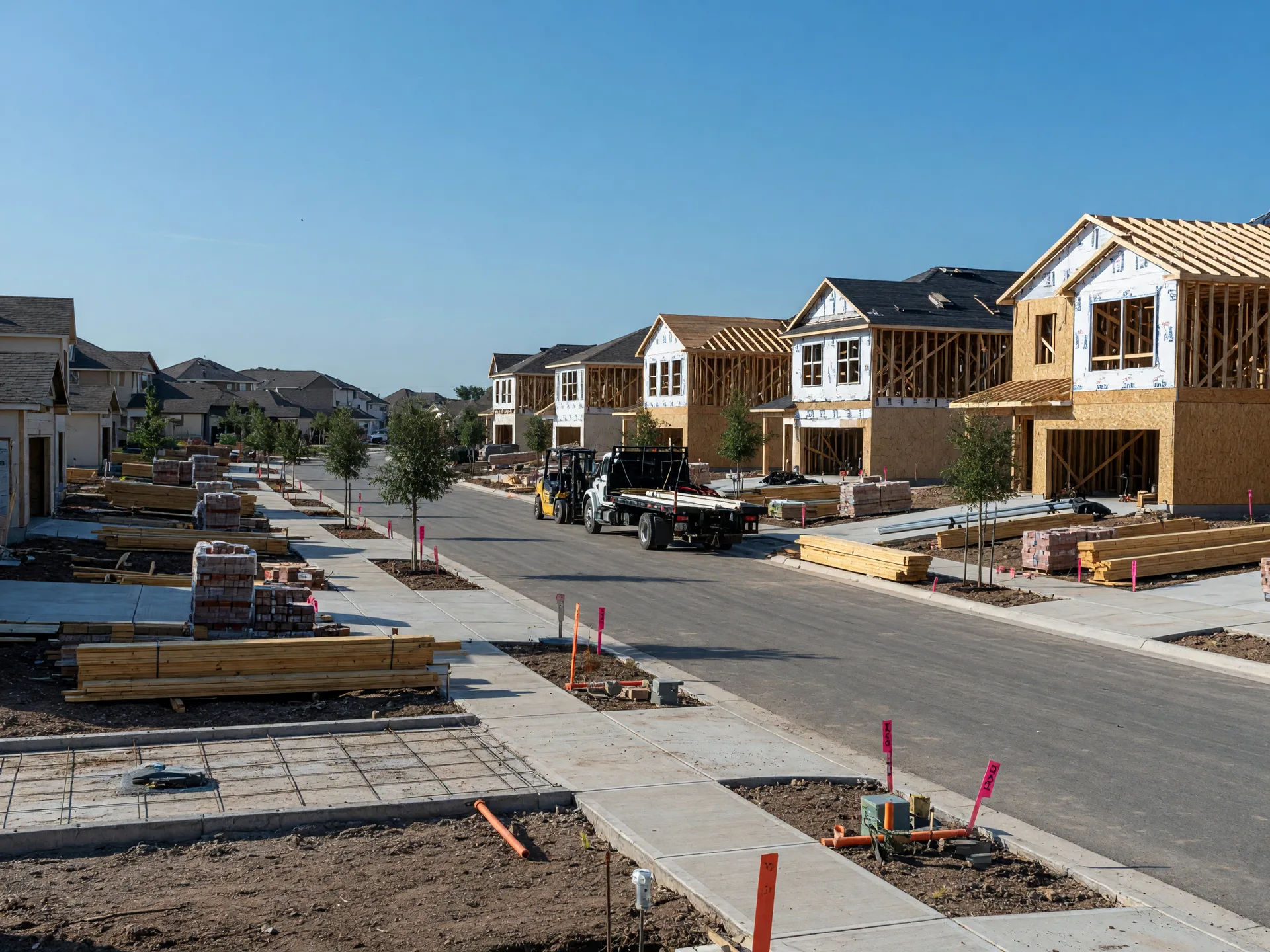 Active new-home construction on a freshly paved street in a Schertz, Texas subdivision