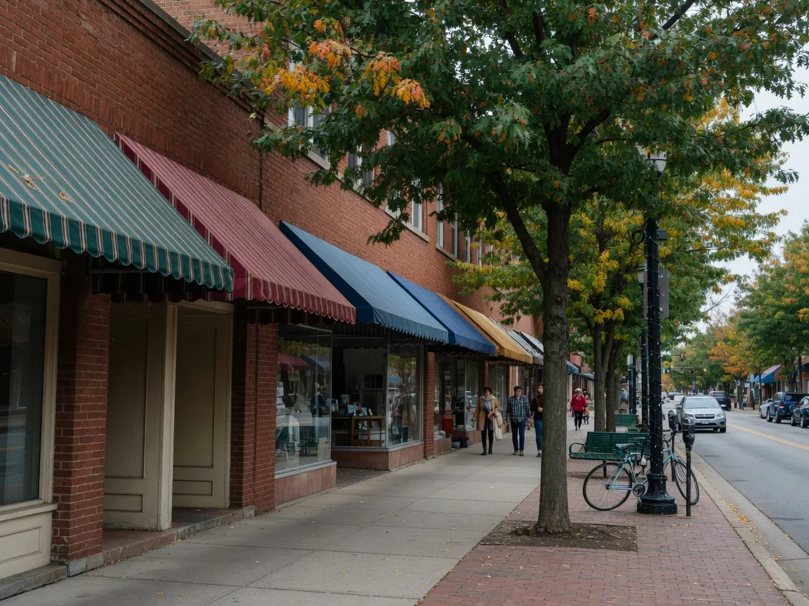 A downtown Ann Arbor street with brick storefronts, awnings, and early autumn trees