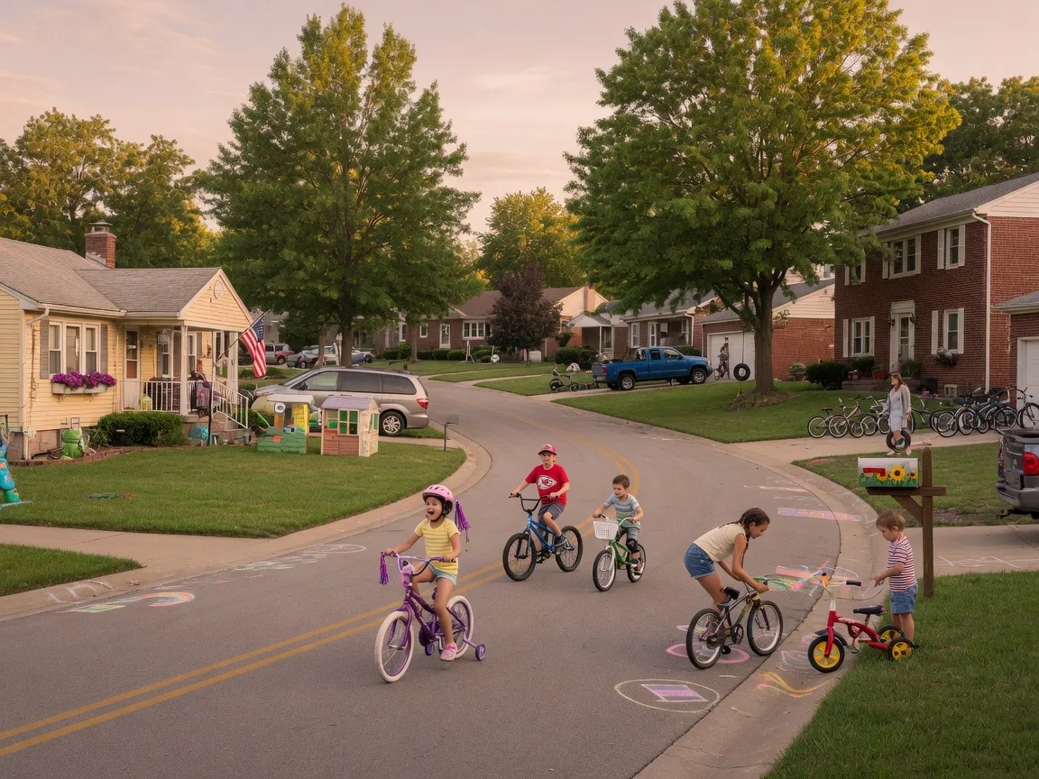 Children playing and riding bikes on a quiet, safe suburban street in a family-friendly East Metro neighborhood