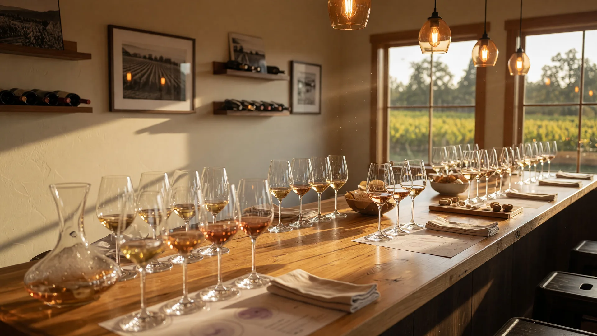 Warm wine tasting room interior in Yamhill County, Oregon's Willamette Valley wine country